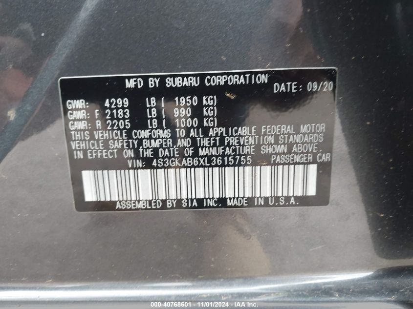2020 Subaru Impreza Sedan VIN: 4S3GKAB6XL3615755 Lot: 40768601