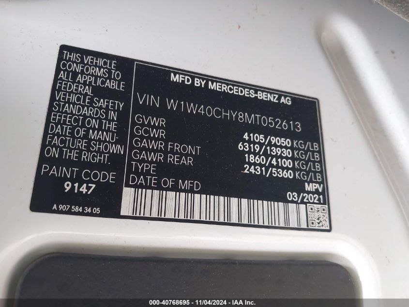 2021 Mercedes-Benz Sprinter 2500 High Roof I4 VIN: W1W40CHY8MT052613 Lot: 40768695