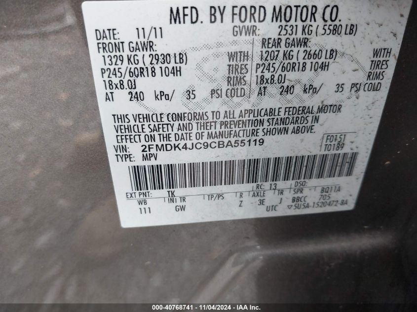 2012 Ford Edge Sel VIN: 2FMDK4JC9CBA55119 Lot: 40768741