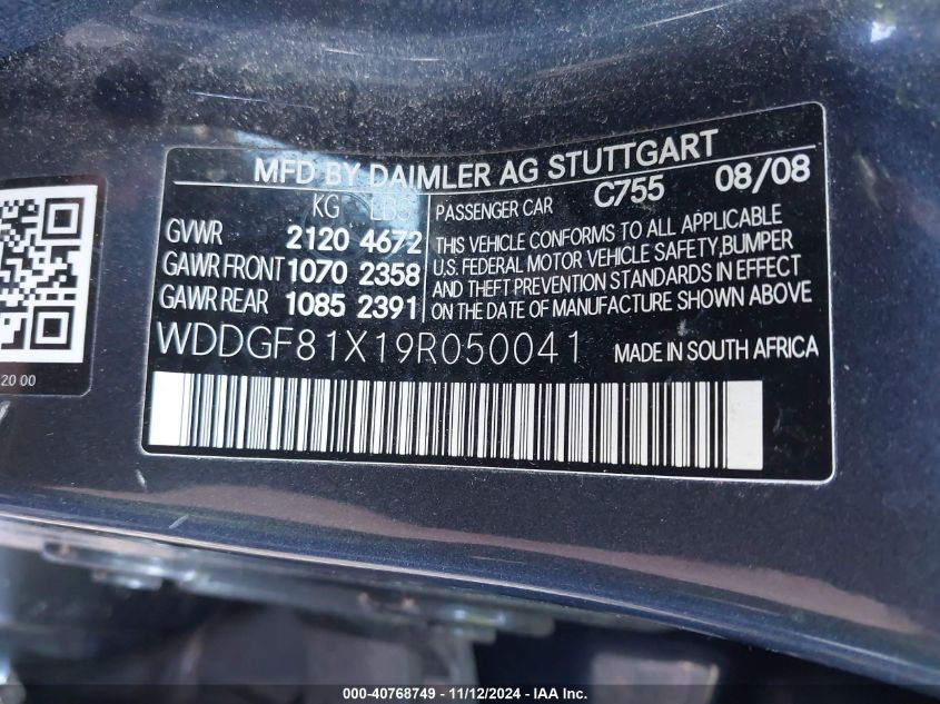 2009 Mercedes-Benz C 300 Luxury 4Matic/Sport 4Matic VIN: WDDGF81X19R050041 Lot: 40768749