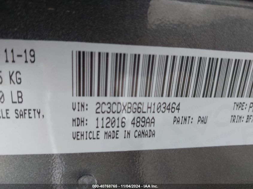 2020 DODGE CHARGER SXT RWD - 2C3CDXBG6LH103464