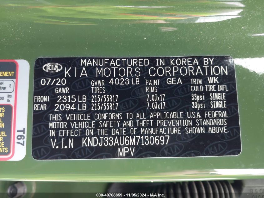 2021 Kia Soul Ex VIN: KNDJ33AU6M7130697 Lot: 40768859