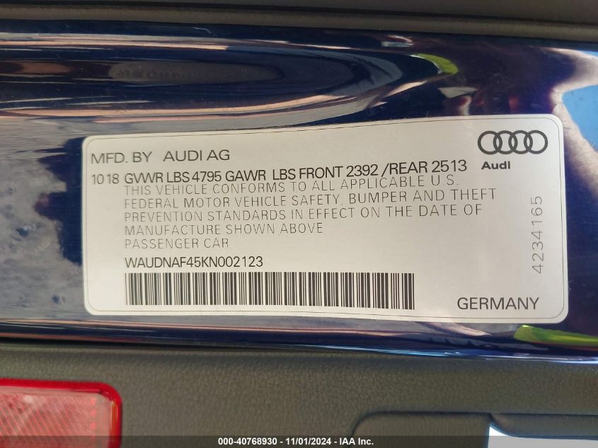 2019 Audi A4 45 Premium VIN: WAUDNAF45KN002123 Lot: 40768930