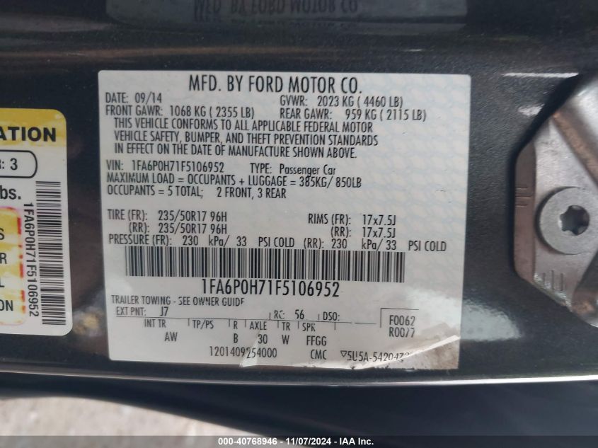 2015 FORD FUSION SE - 1FA6P0H71F5106952