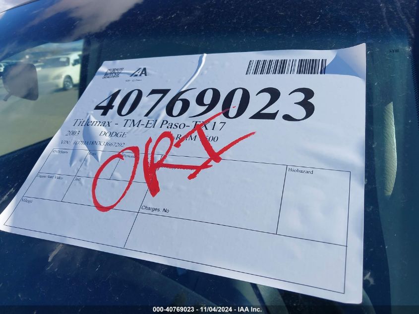 2003 Dodge Ram 1500 Slt/Laramie/St VIN: 1D7HA18NX3J667202 Lot: 40769023