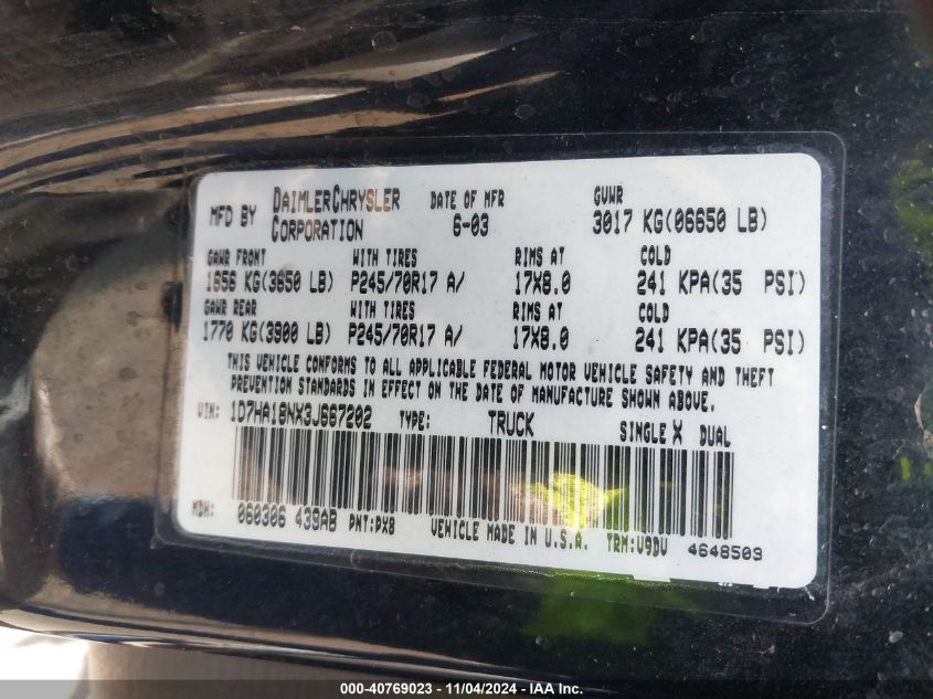 2003 Dodge Ram 1500 Slt/Laramie/St VIN: 1D7HA18NX3J667202 Lot: 40769023