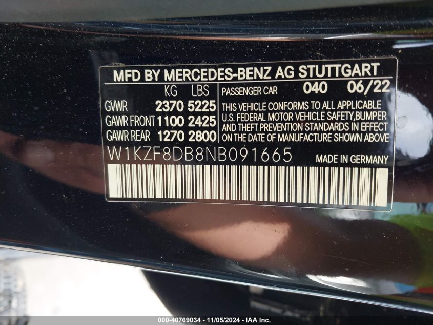 2022 Mercedes-Benz E 350 VIN: W1KZF8DB8NB091665 Lot: 40769034