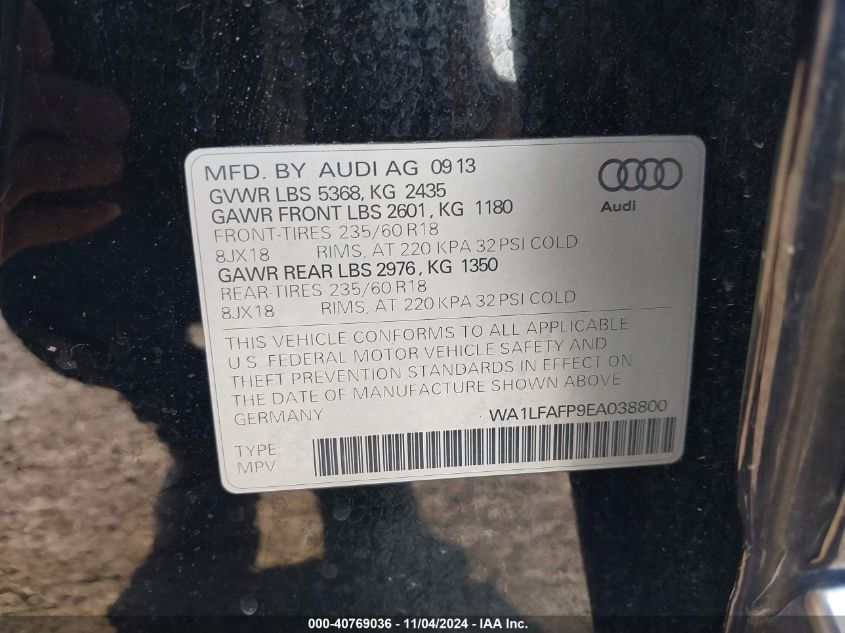 2014 Audi Q5 2.0T Premium VIN: WA1LFAFP9EA038800 Lot: 40769036