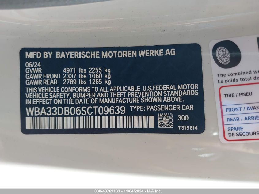 2025 BMW 4 Series 430I VIN: WBA33DB06SCT09639 Lot: 40769133