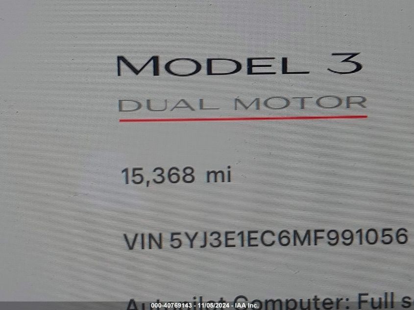 2021 Tesla Model 3 Performance Dual Motor All-Wheel Drive VIN: 5YJ3E1EC6MF991056 Lot: 40769143