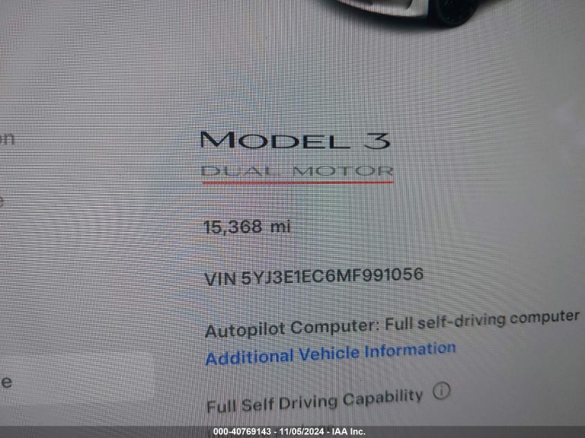 2021 Tesla Model 3 Performance Dual Motor All-Wheel Drive VIN: 5YJ3E1EC6MF991056 Lot: 40769143