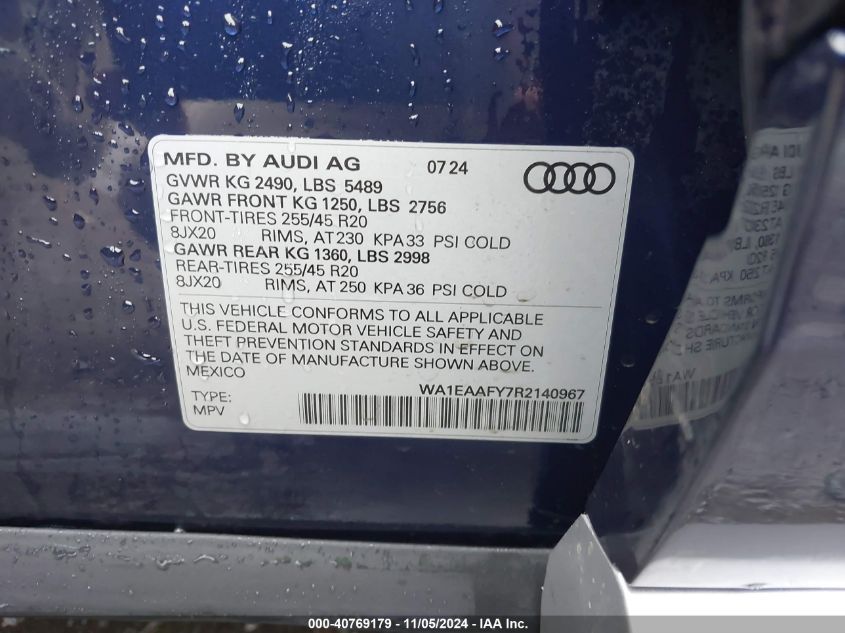 2024 Audi Q5 Premium Plus 45 Tfsi S Line Quattro VIN: WA1EAAFY7R2140967 Lot: 40769179