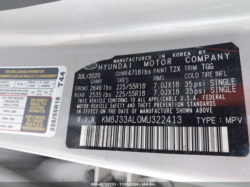 2021 Hyundai Tucson Sel VIN: KM8J33AL0MU322413 Lot: 40769203