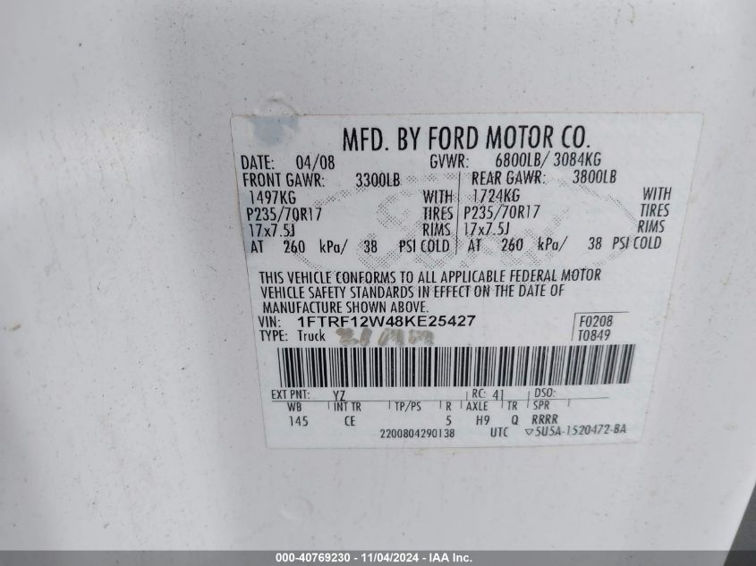 2008 Ford F-150 Fx2/Stx/Xl/Xlt VIN: 1FTRF12W48KE25427 Lot: 40769230