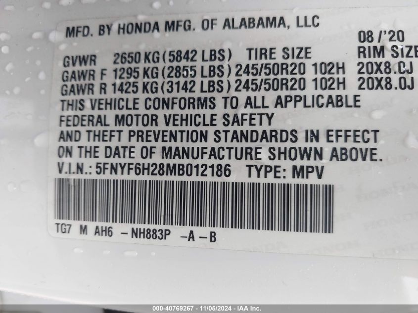 VIN 5FNYF6H28MB012186 2021 HONDA PILOT no.9