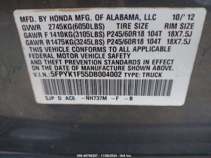 2013 Honda Ridgeline Rtl VIN: 5FPYK1F55DB004002 Lot: 40769287