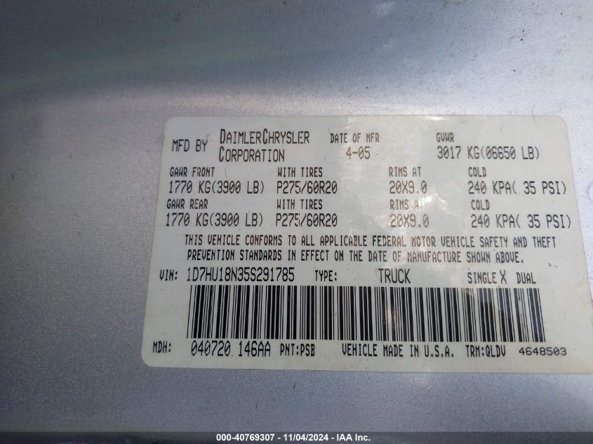 2005 Dodge Ram 1500 Slt/Laramie VIN: 1D7HU18N35S291785 Lot: 40769307