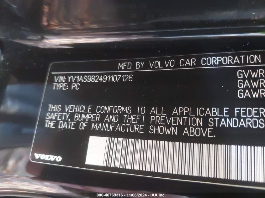 2009 Volvo S80 3.2 VIN: YV1AS982491107126 Lot: 40769316