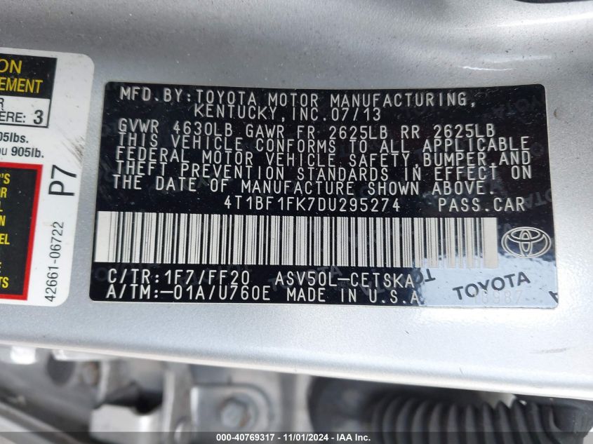 2013 Toyota Camry Se VIN: 4T1BF1FK7DU295274 Lot: 40769317