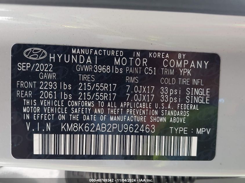 2023 Hyundai Kona Sel VIN: KM8K62AB2PU962463 Lot: 40769342