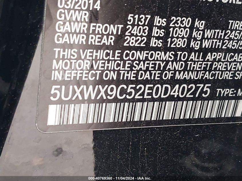 VIN 5UXWX9C52E0D40275 2014 BMW X3, Xdrive28I no.9