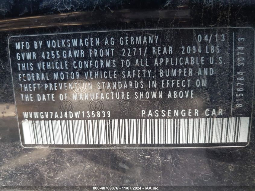 2013 VOLKSWAGEN GTI WVWGV7AJ4DW135839