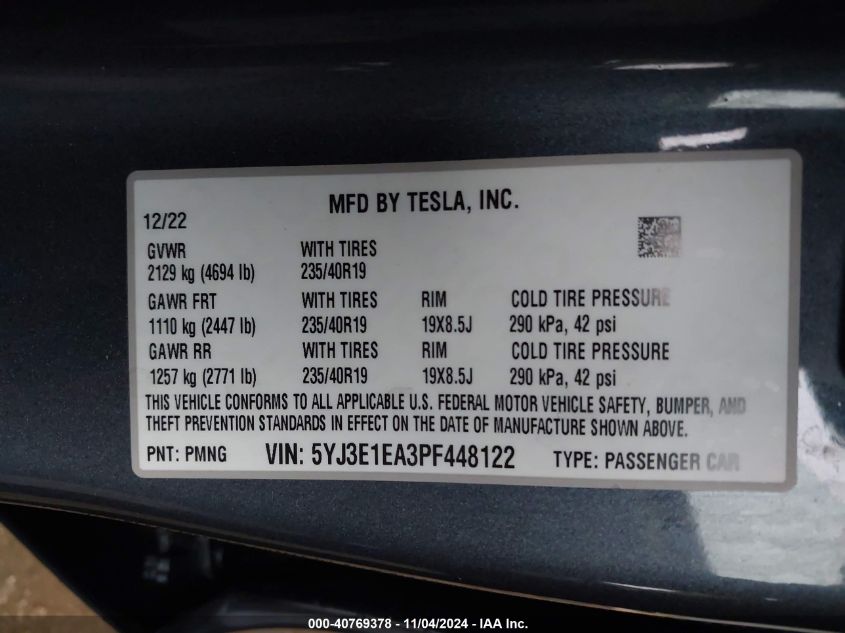 2023 Tesla Model 3 Rear-Wheel Drive VIN: 5YJ3E1EA3PF448122 Lot: 40769378