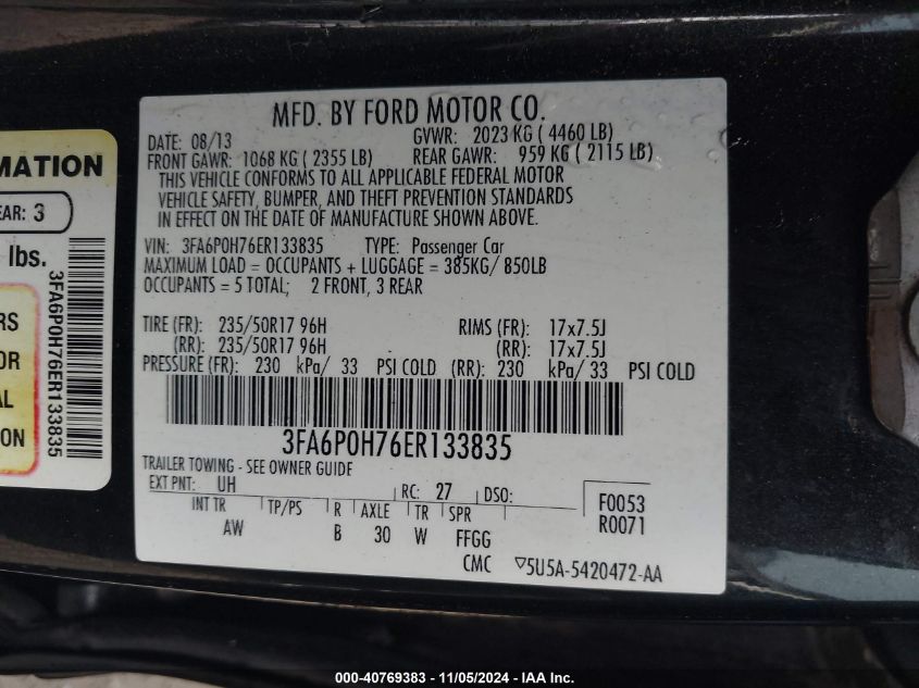 VIN 3FA6P0H76ER133835 2014 Ford Fusion, SE no.9