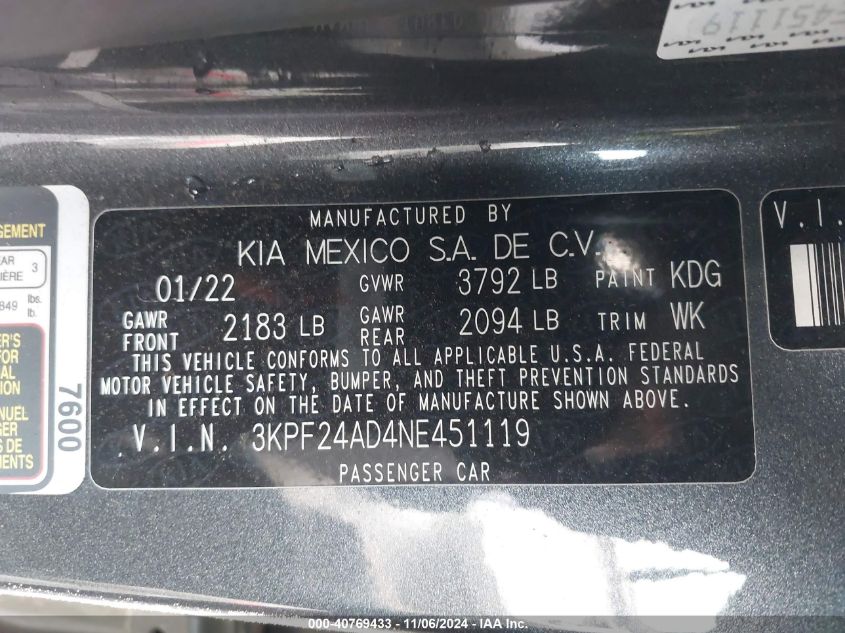 2022 Kia Forte Fe VIN: 3KPF24AD4NE451119 Lot: 40769433