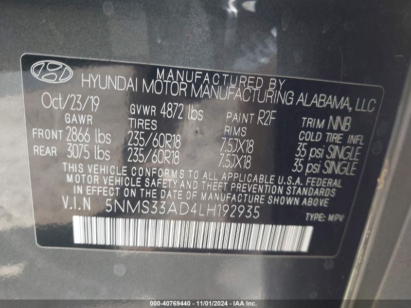 2020 Hyundai Santa Fe Sel VIN: 5NMS33AD4LH192935 Lot: 40769440