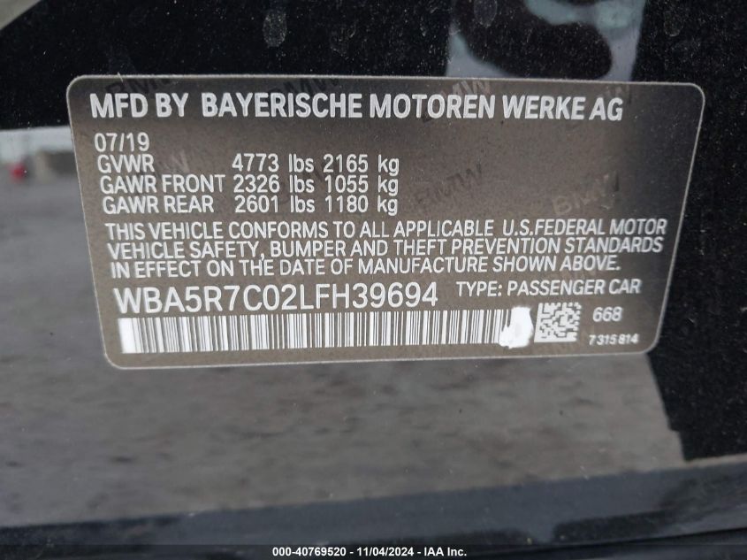 2020 BMW 330I xDrive VIN: WBA5R7C02LFH39694 Lot: 40769520