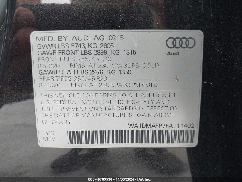 2015 Audi Q5 3.0 Tdi Premium Plus VIN: WA1DMAFP7FA111402 Lot: 40769536