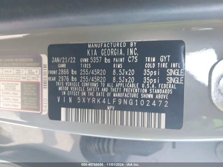 2022 Kia Sorento Sx VIN: 5XYRK4LF9NG102472 Lot: 40769556