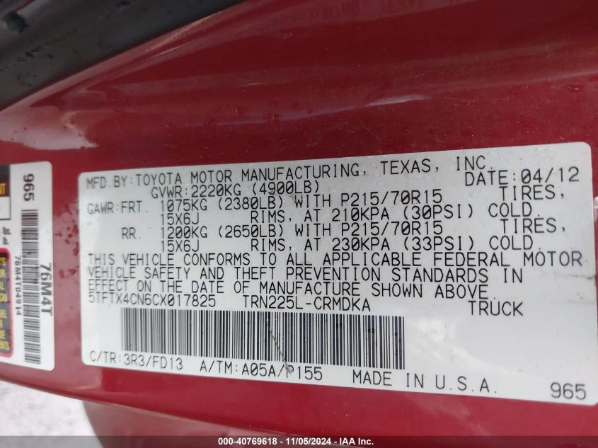 2012 Toyota Tacoma VIN: 5TFTX4CN6CX017825 Lot: 40769618