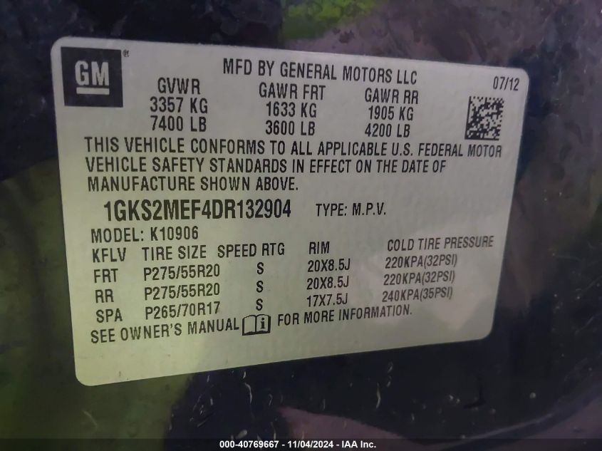 VIN 1GKS2MEF4DR132904 2013 GMC Yukon Xl 1500, Denali no.9