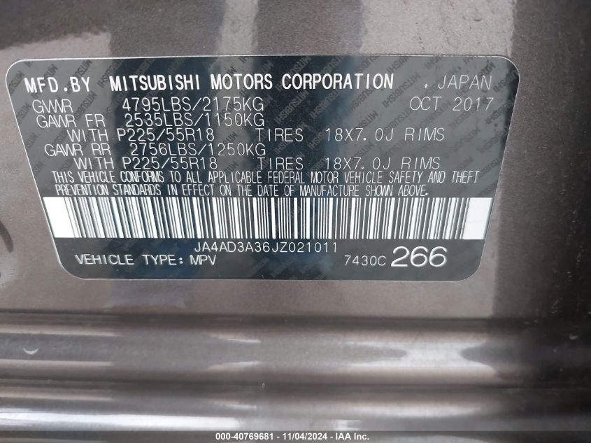 2018 Mitsubishi Outlander Se VIN: JA4AD3A36JZ021011 Lot: 40769681