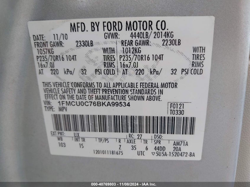 2011 Ford Escape Xls VIN: 001FMCU06BKA99534 Lot: 40769803