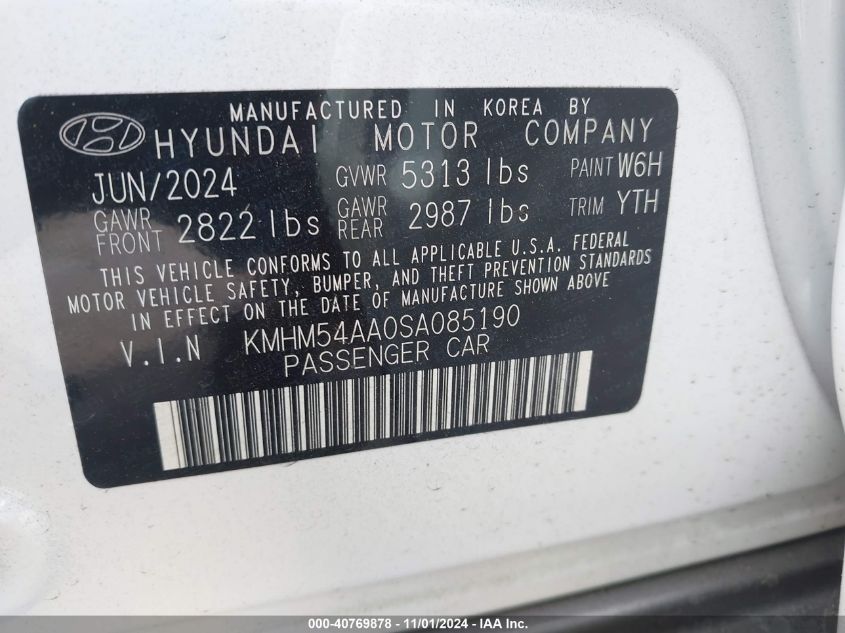 2025 Hyundai Ioniq 6 Limited VIN: KMHM54AA0SA085190 Lot: 40769878