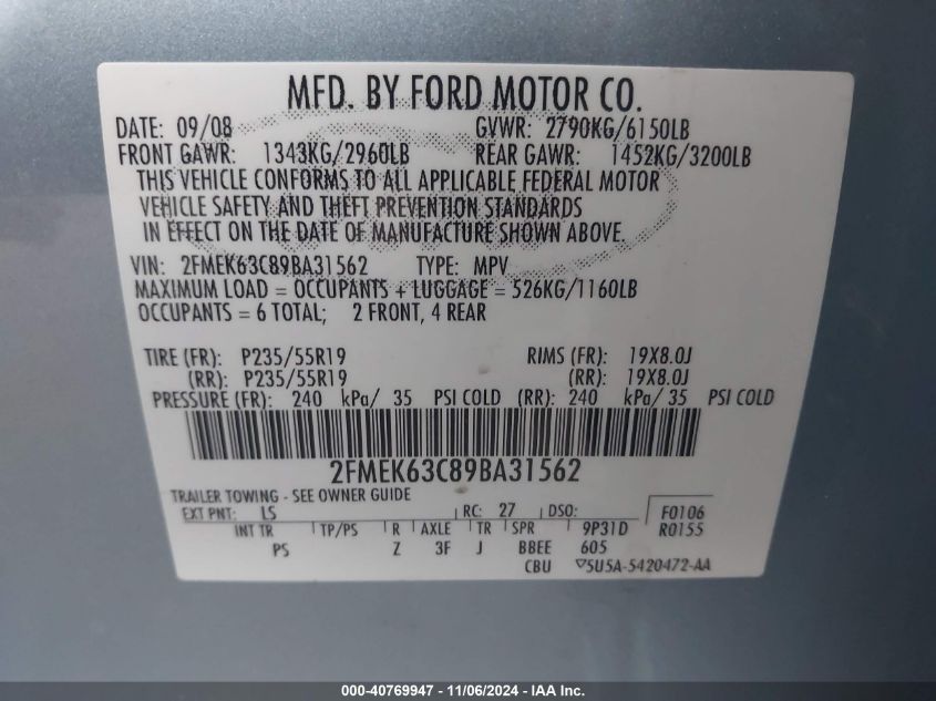 2009 Ford Flex Limited VIN: 2FMEK63C89BA31562 Lot: 40769947