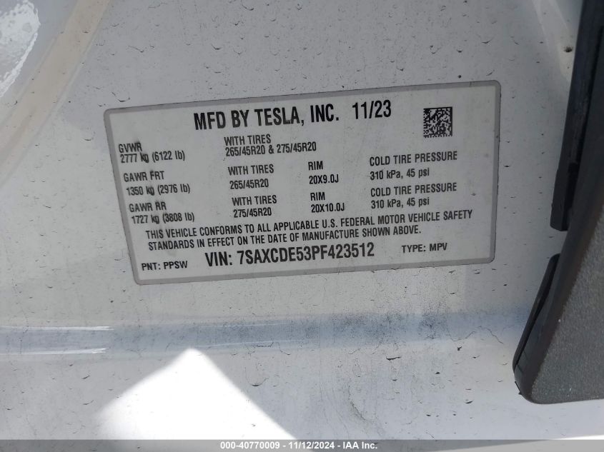 2023 Tesla Model X Dual Motor All-Wheel Drive/Standard Range VIN: 7SAXCDE53PF423512 Lot: 40770009