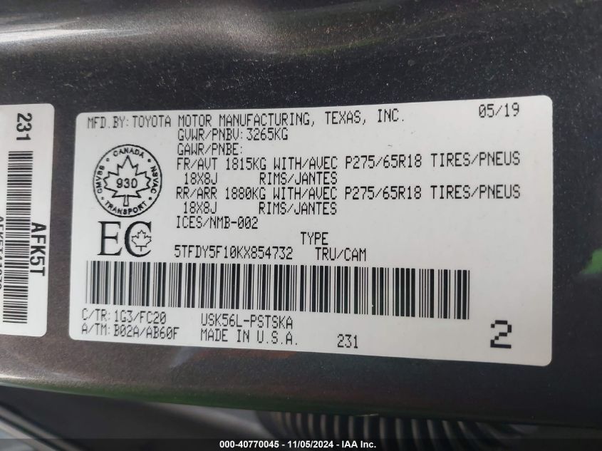 2019 TOYOTA TUNDRA SR5 PLUS 5.7L V8 - 5TFDY5F10KX854732