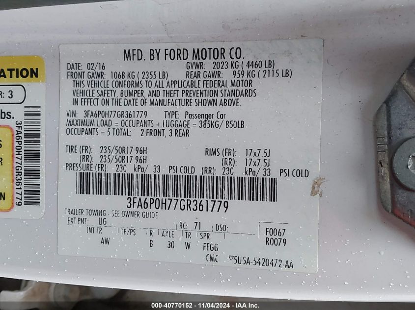 2016 FORD FUSION SE - 3FA6P0H77GR361779