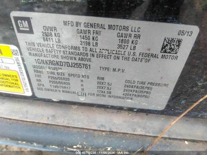 2013 Chevrolet Traverse 1Lt VIN: 1GNKRGKD7DJ255761 Lot: 40770230