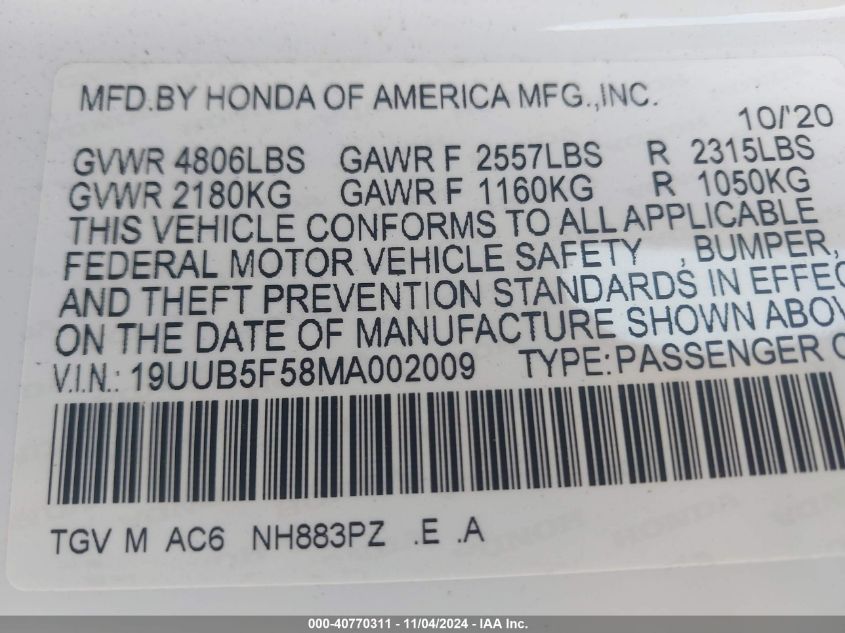 2021 Acura Tlx A-Spec Package VIN: 19UUB5F58MA002009 Lot: 40770311