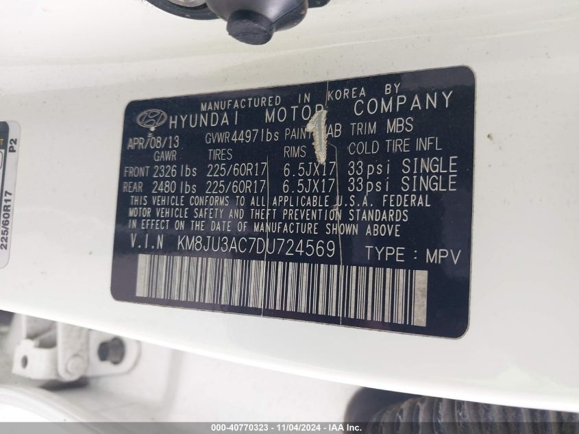 2013 Hyundai Tucson Gls/Limited VIN: KM8JU3AC7DU724569 Lot: 40770323
