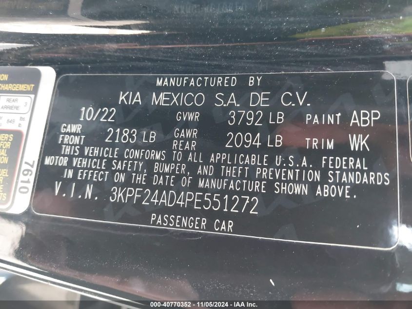 2023 Kia Forte Lxs VIN: 3KPF24AD4PE551272 Lot: 40770352