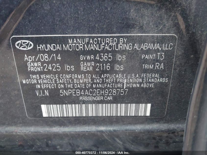 2014 HYUNDAI SONATA GLS - 5NPEB4AC2EH928757