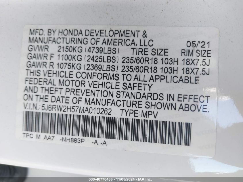 2021 HONDA CR-V AWD EX - 5J6RW2H57MA010262