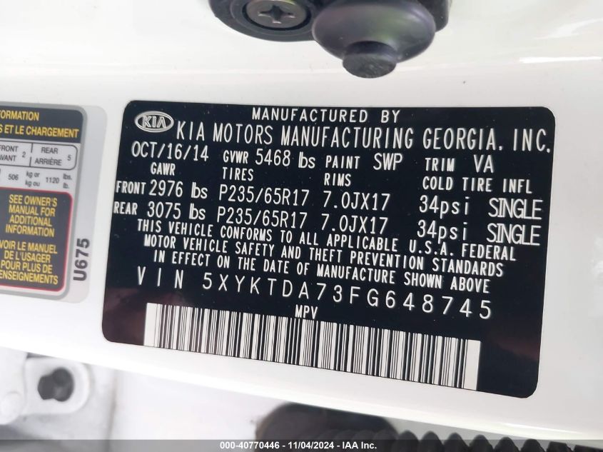 2015 KIA SORENTO LX V6 - 5XYKTDA73FG648745