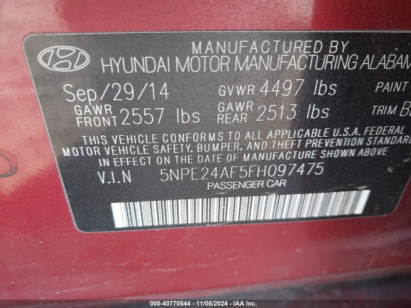 2015 Hyundai Sonata Se VIN: 5NPE24AF5FH097475 Lot: 40770544